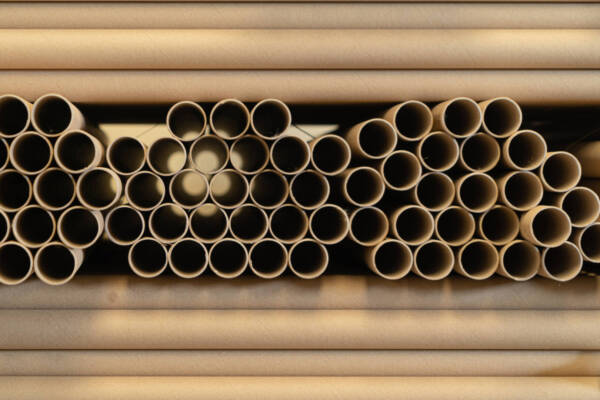 Stack of a bunch of paper tube cores, tissues, in industry manufacturing plant factory. Raw product material of brown paper rolls. Cardboard cylinder cargo pattern in stock workshop storage warehouse.